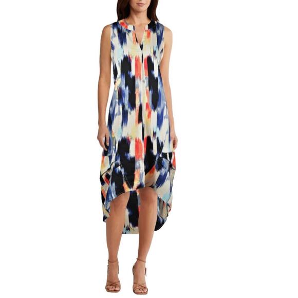 New For Cynthia Women's Boho Paint Stroke Hi-Low Hem Linen Blend Midi Dress - Picture 1 of 8